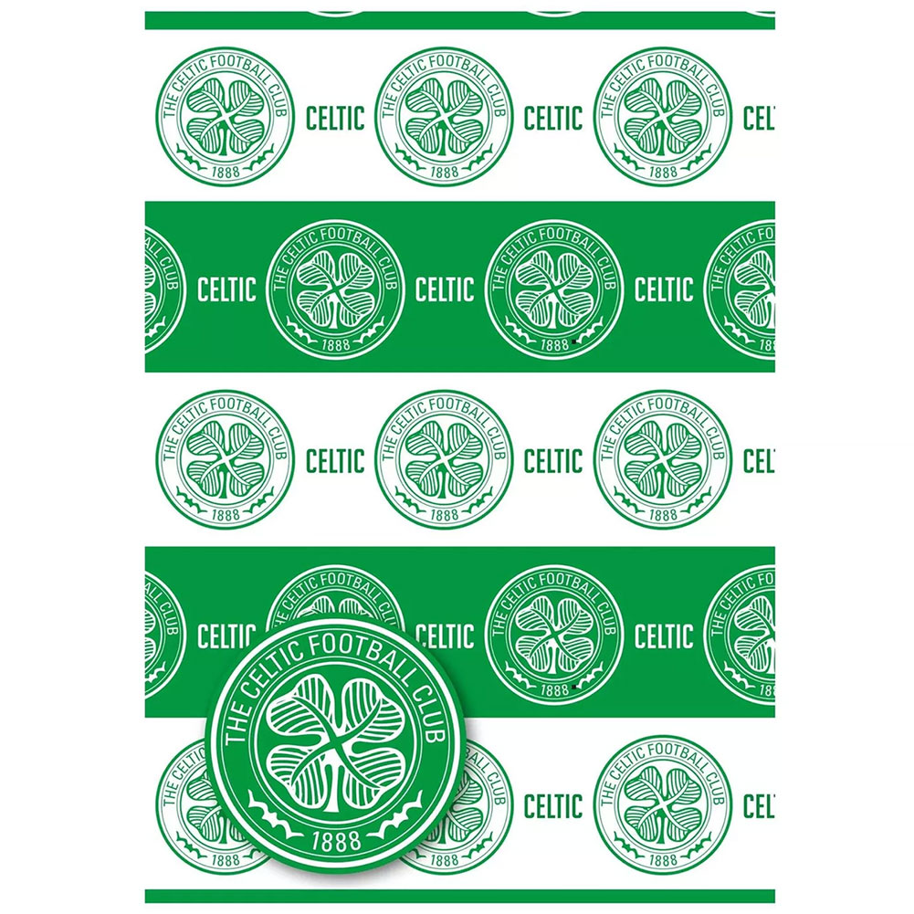 Celtic FC gift wrap with multiple Celtic crests on a hoop background and two green crest gift tags