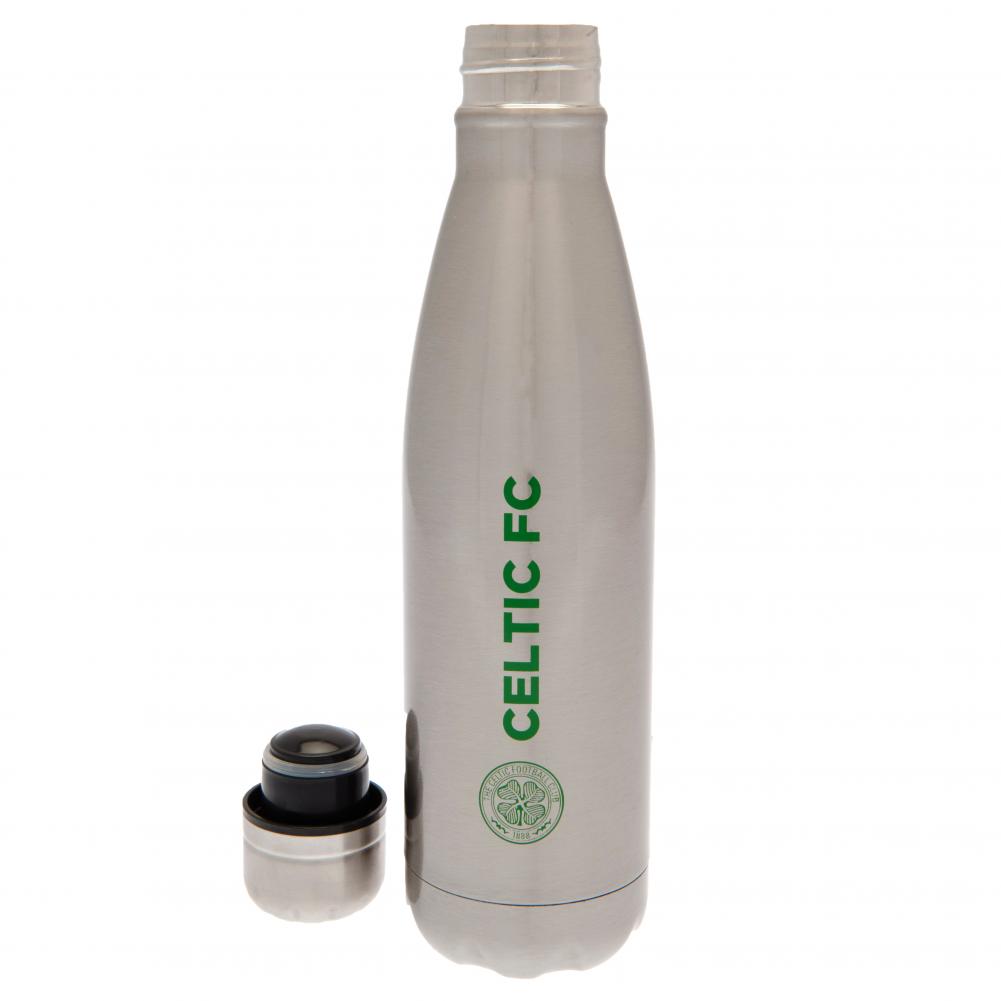 Silver metallic Celtic FC stainless steel thermal flask with a green crest and Celtic text
