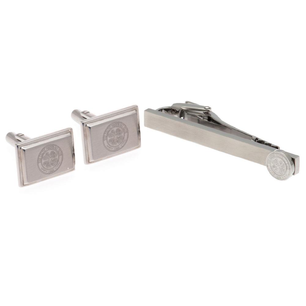 Celtic FC stainless steel tie slide and satin finish cufflinks set with the club crest