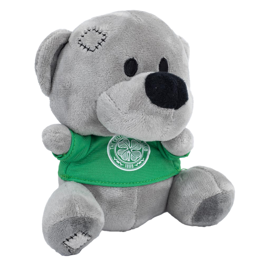 Grey Celtic FC Timmy Bear plush in a green t-shirt with the Celtic club crest