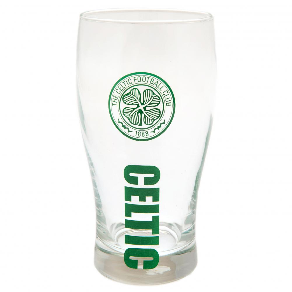 Celtic FC tulip style pint glass with Celtic text and a green club crest