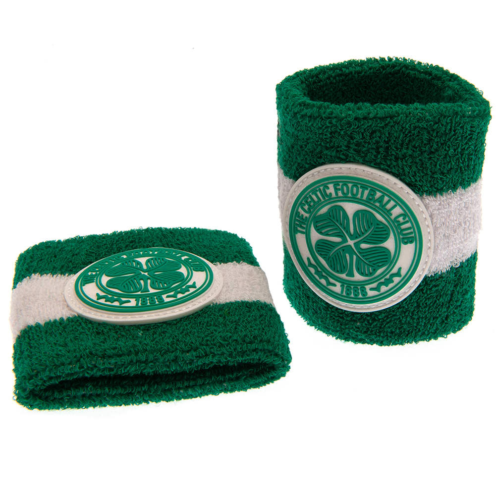 Pair of green Celtic FC cotton wristbands with white bands and the club crest
