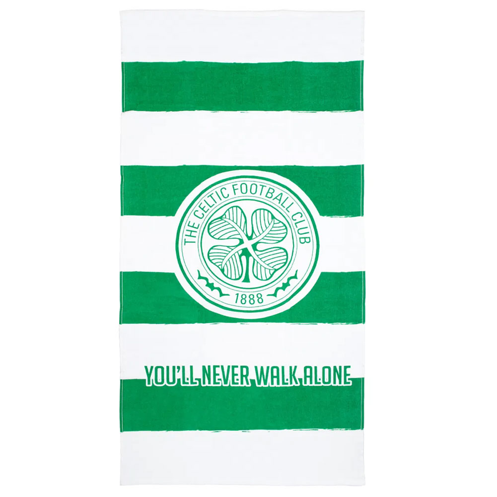 Green and white Celtic FC cotton velour beach towel with a large Celtic crest and You'll Never Walk Alone text