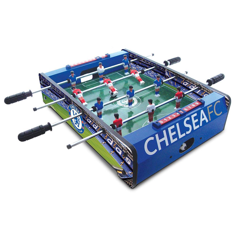 Chelsea FC table top football game with a grass effect pitch, stadium graphics and navy or white players