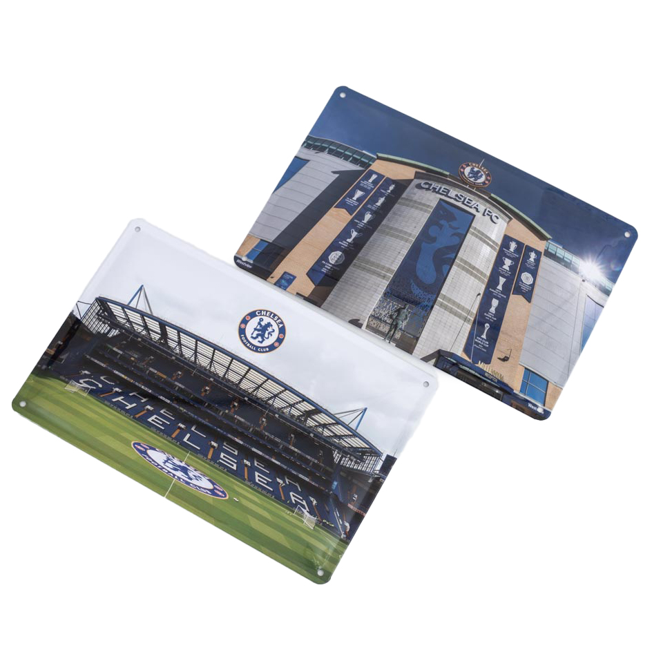 Pair of Chelsea FC metal stadium photo signs each with a full colour Chelsea crest