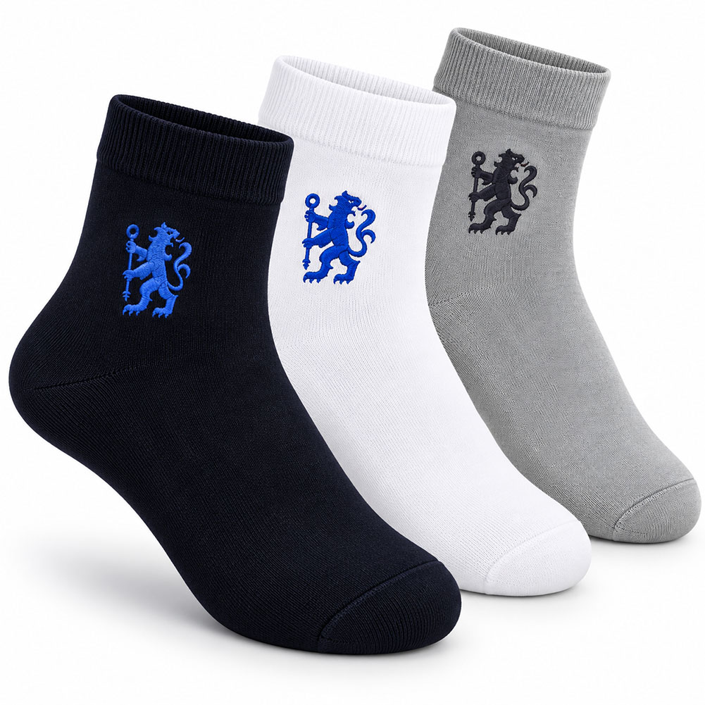 Chelsea FC three pack of adult ankle socks with the crest in black, white and grey, shoe size 4-7