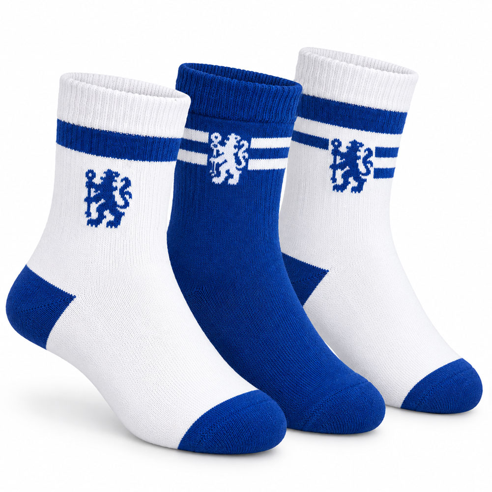 Chelsea FC three pack of adult crew sports socks with the crest and vibrant club colour patterns