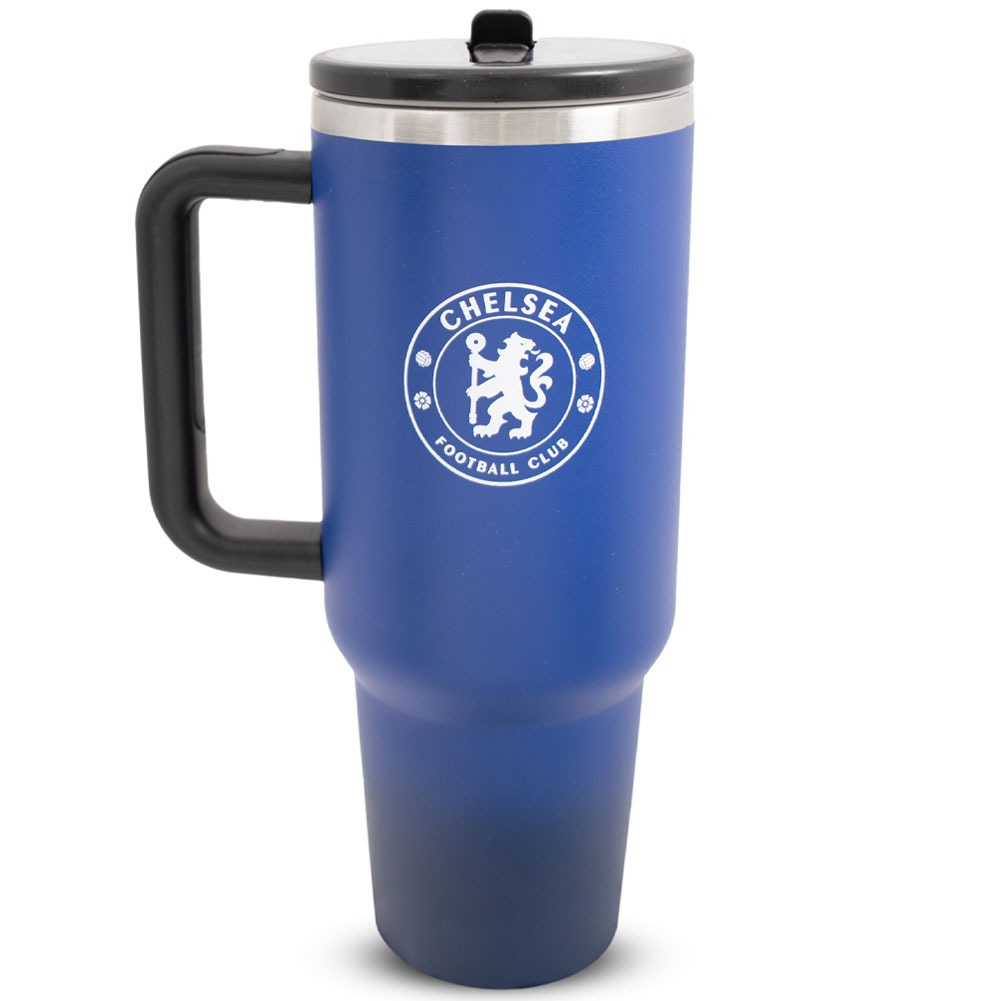 Blue Chelsea FC 40oz thermal tumbler with soft grip handle and drinking spout