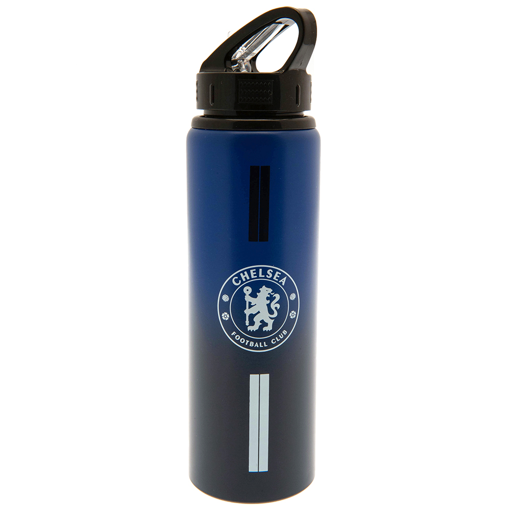 Chelsea FC 750ml stainless steel drinks bottle with a vibrant stripe design and the crest and text in white