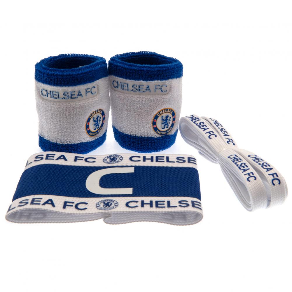 Chelsea FC accessories set with white and blue wristbands, captain's armband and Chelsea boot laces