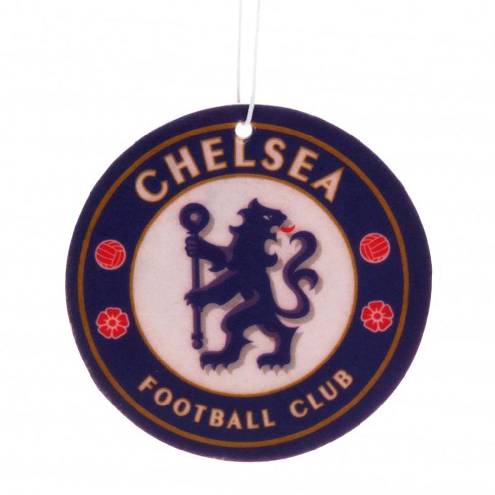 Chelsea FC crest shaped air freshener with a vibrant full colour Chelsea crest on both sides