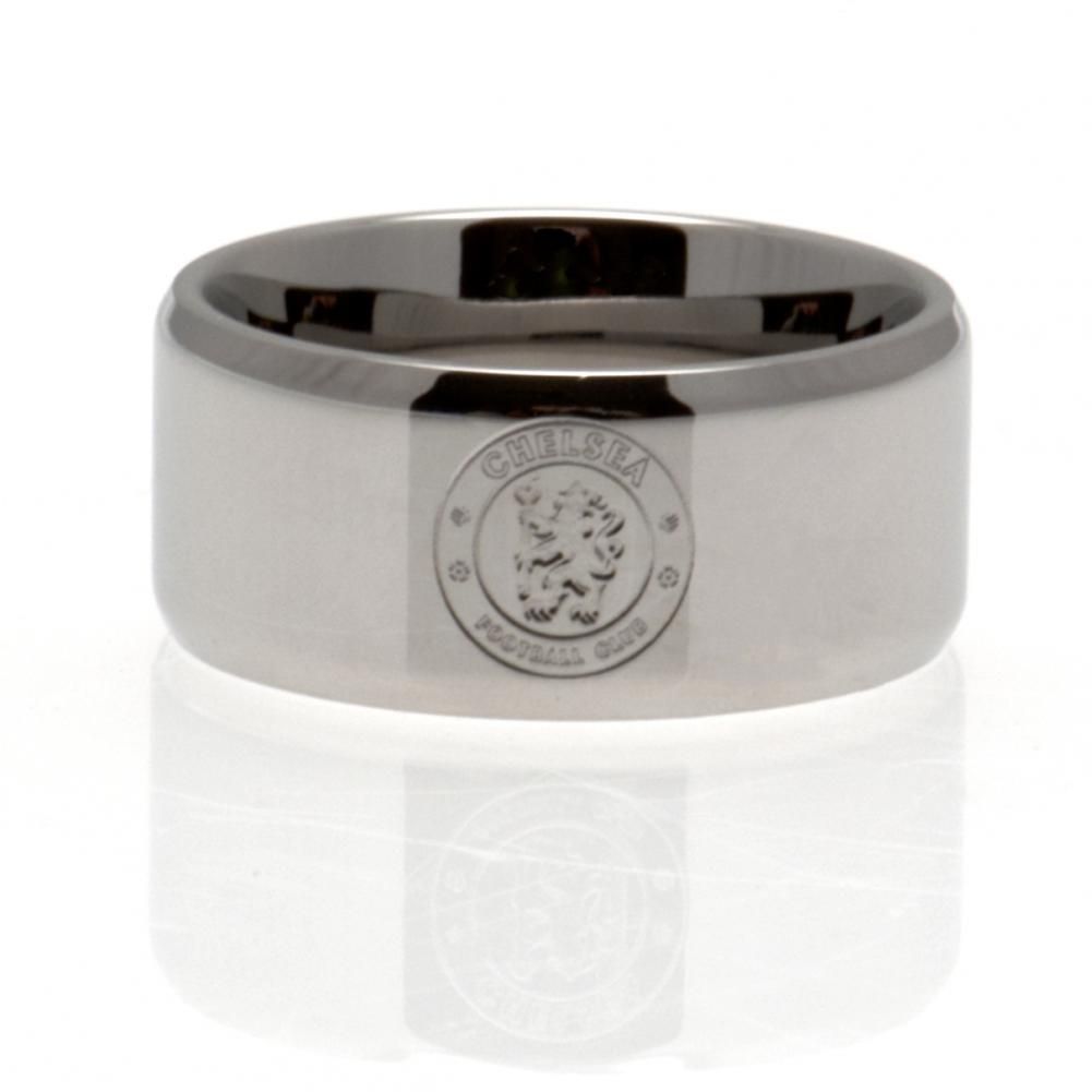 Chelsea FC stainless steel band ring with a chrome finish and an engraved Chelsea club crest