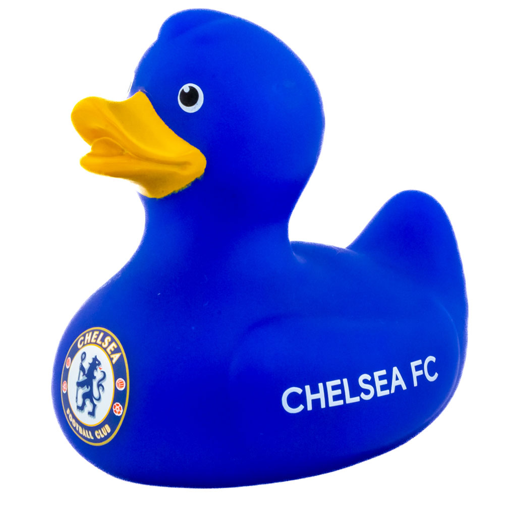 Blue Chelsea FC bath time rubber duck with a yellow beak, white Chelsea text and a full colour crest