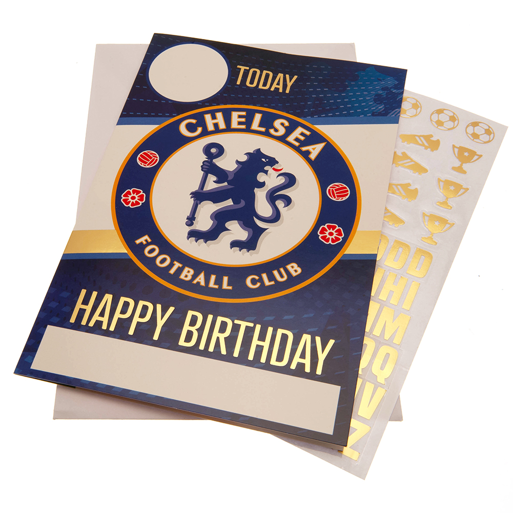 Chelsea FC blue and white gloss birthday card with gold stickers and a space for name and age