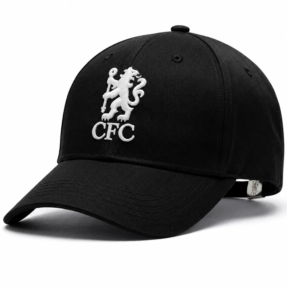 Chelsea FC midnight black curved brim cap with an embroidered Chelsea Lion crest