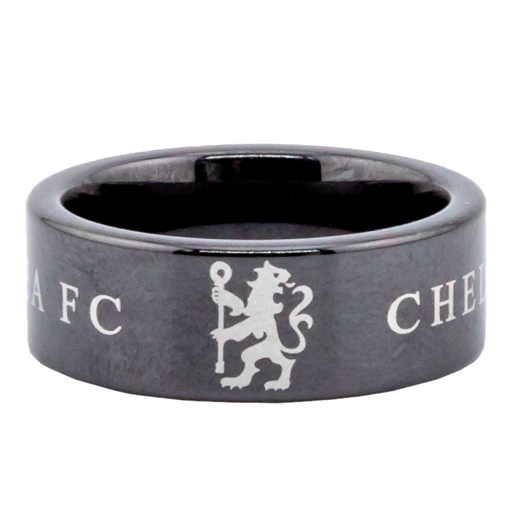 Chelsea FC black ceramic ring featuring the Chelsea Lion and text with a brushed satin finish