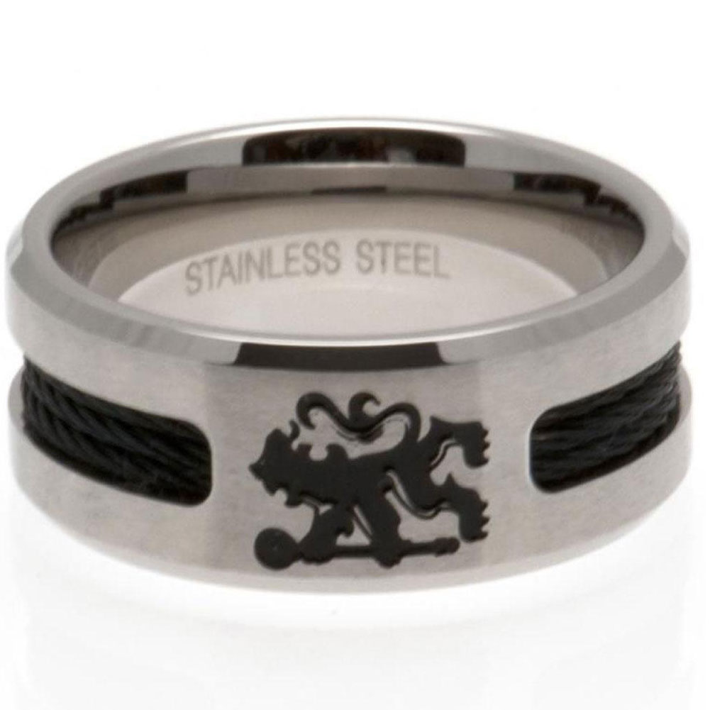 Chelsea FC stainless steel ring with a black rope insert, brushed satin finish and the Chelsea lion