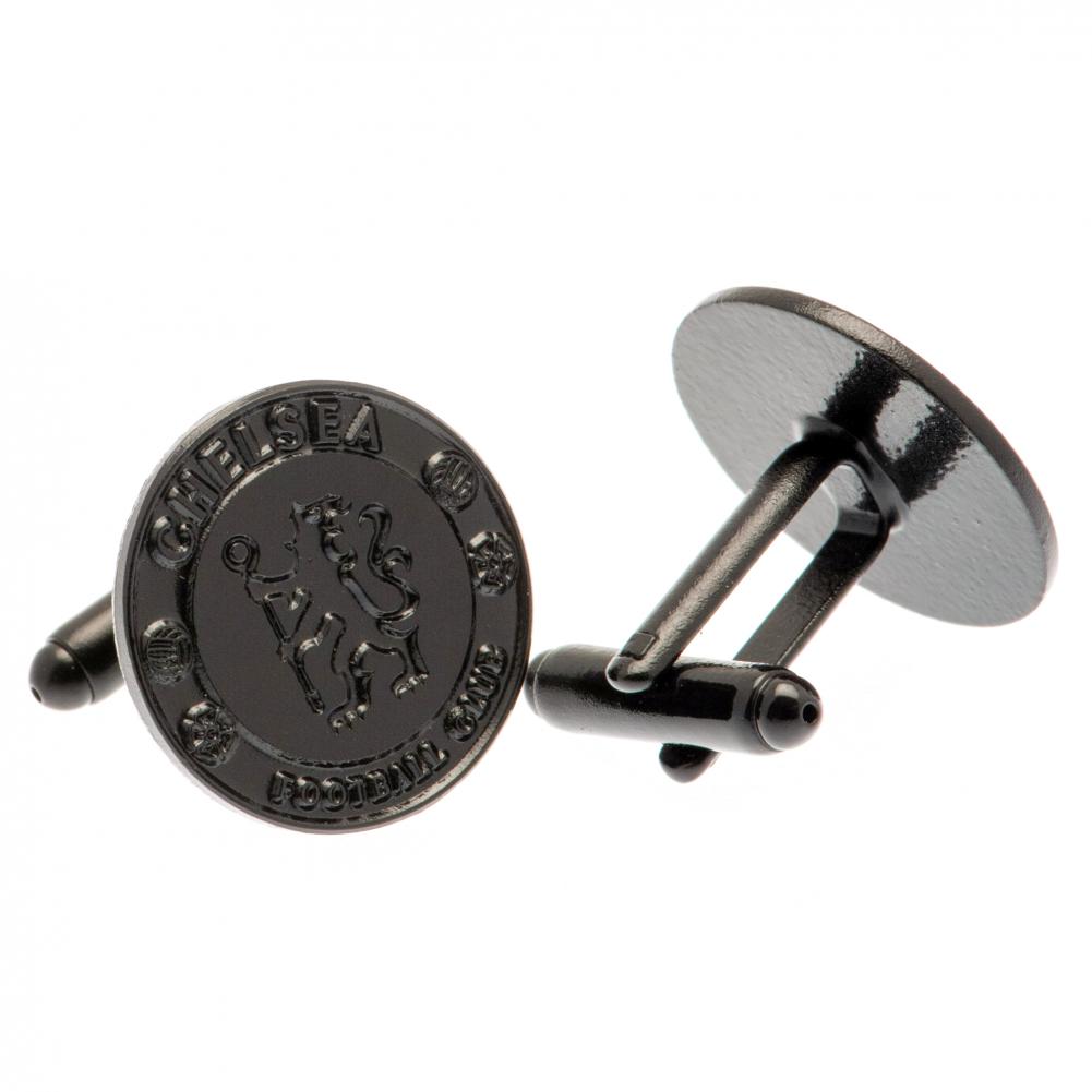 Pair of Chelsea FC black ion plated crest shaped cufflinks with a detailed formed crest