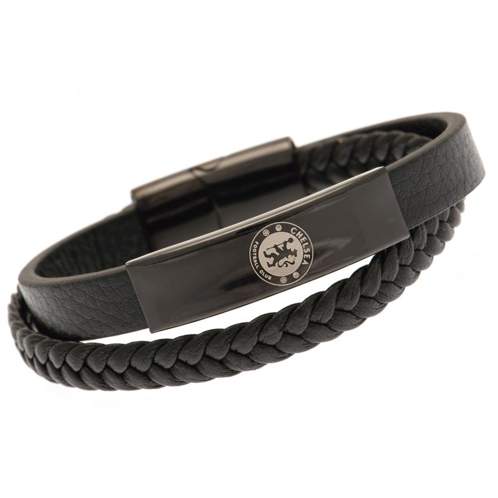 Chelsea FC twin genuine leather bracelet with a black IP crest plate and engraved Chelsea logo