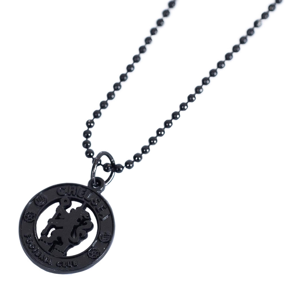 Chelsea FC black plated crest pendant hanging from a ball chain necklace, in a blister pack