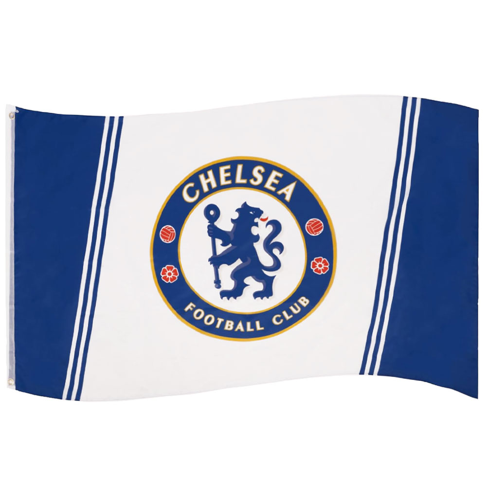 Chelsea FC blue and white slash stripe supporters flag with a full colour Chelsea crest