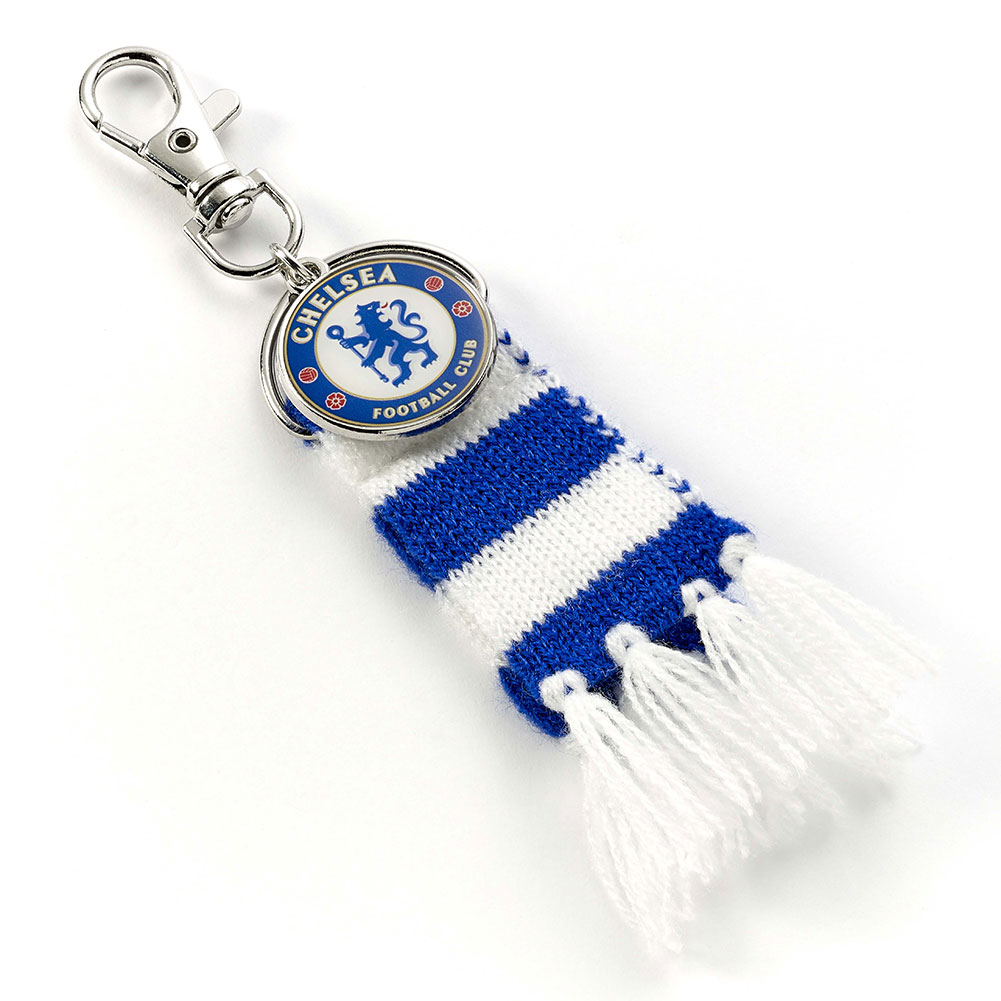 Chelsea FC blue and white bar scarf bag charm with full colour crest charm and lobster claw clasp