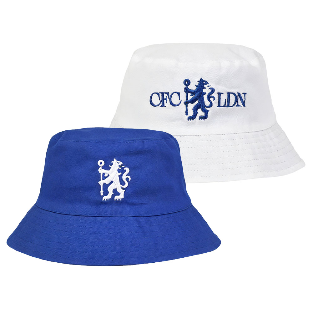 Chelsea FC reversible royal blue and white bucket hat with a woven Chelsea crest