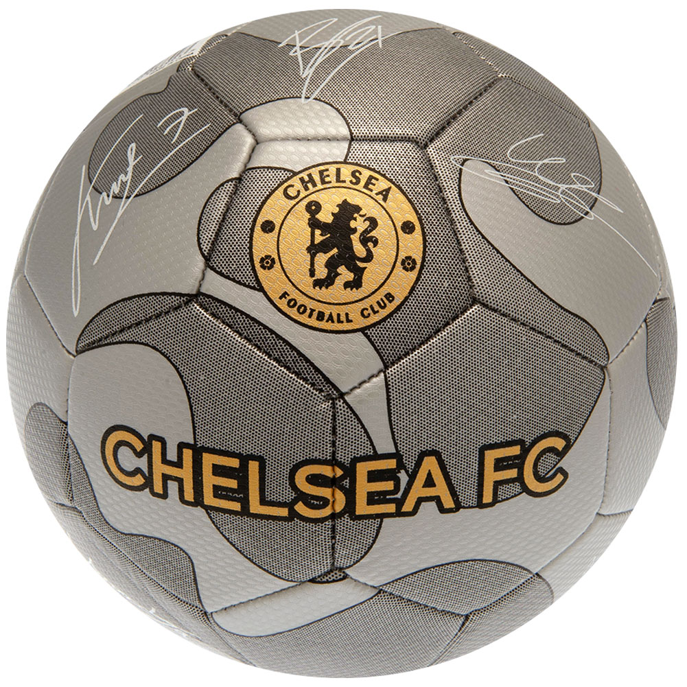 Chelsea FC silver metallic Size 5 football with the Chelsea crest and white player signature prints