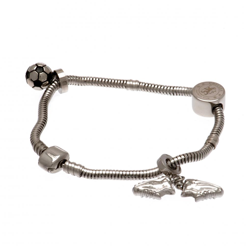 Chelsea FC steel charm bracelet with a laser cut Chelsea bead and two football charms