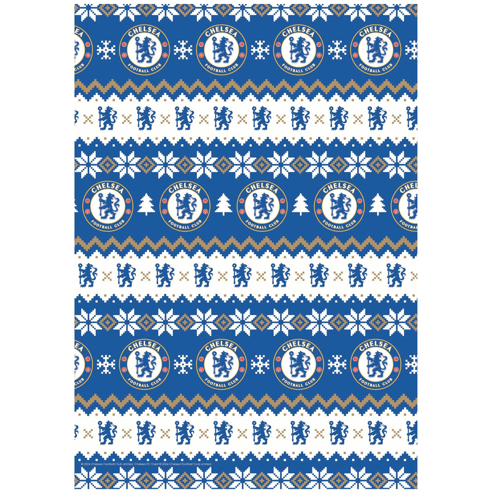 Chelsea FC Christmas gift wrap sheets and gift tags featuring multiple Chelsea crests