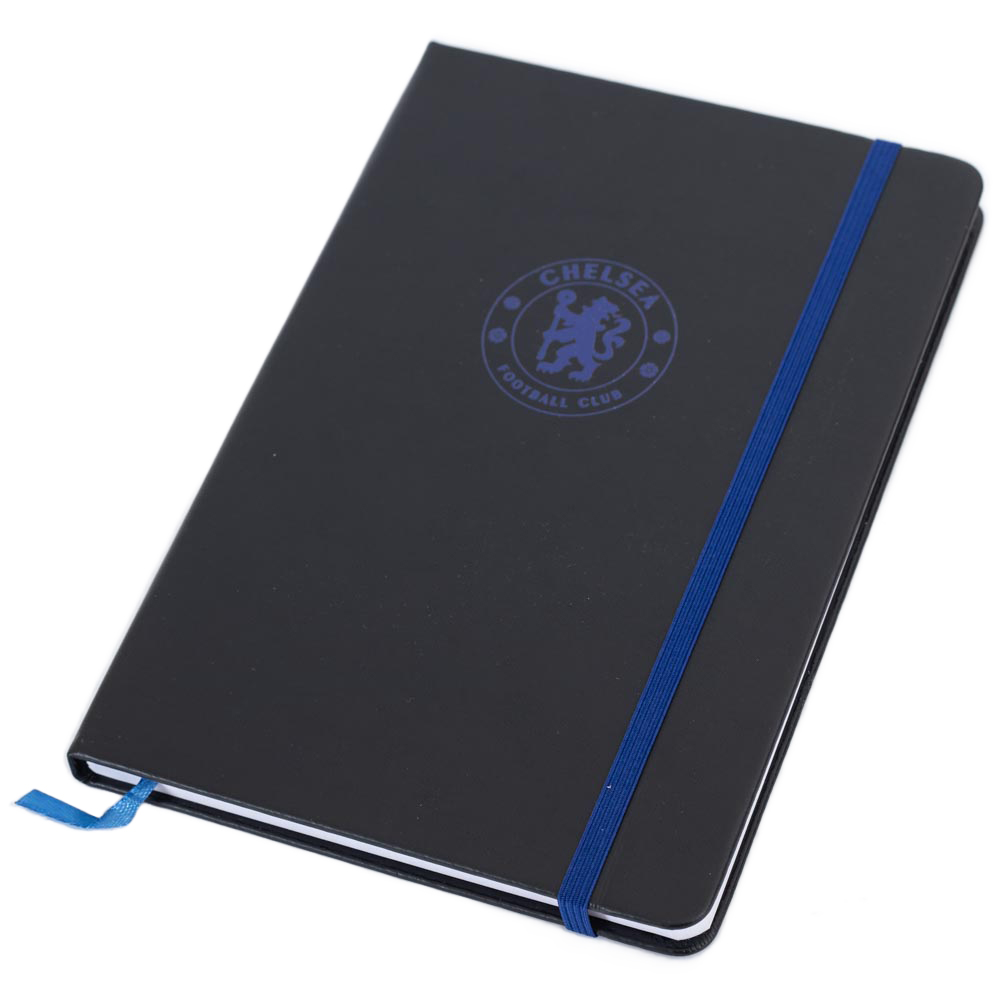 Chelsea FC hardback notebook with black faux leather and a royal blue embossed Chelsea crest