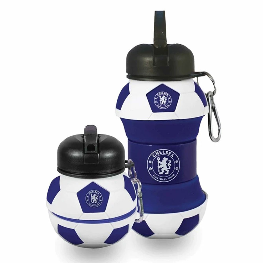 Chelsea FC collapsible football shaped drinks bottle with a white Chelsea crest and text and a carabiner clip