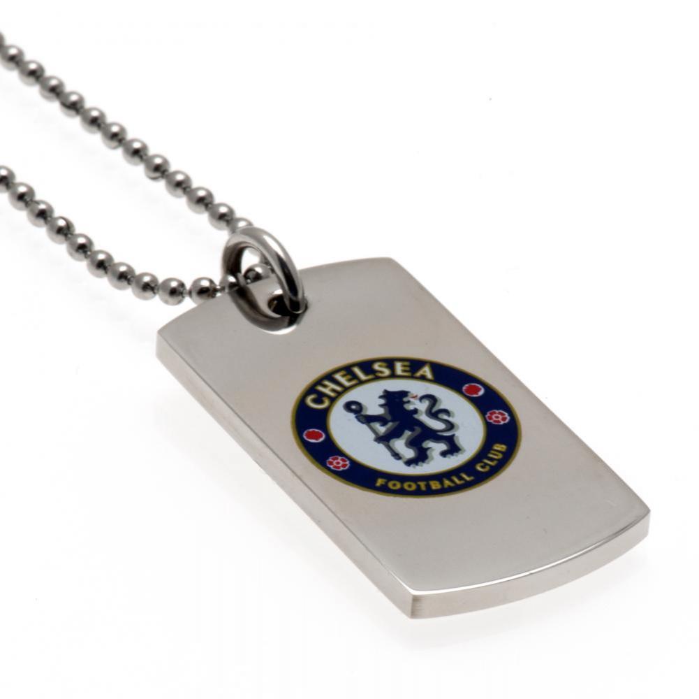 Chelsea FC stainless steel dog tag with a colour print crest on a chrome finish and a ball chain