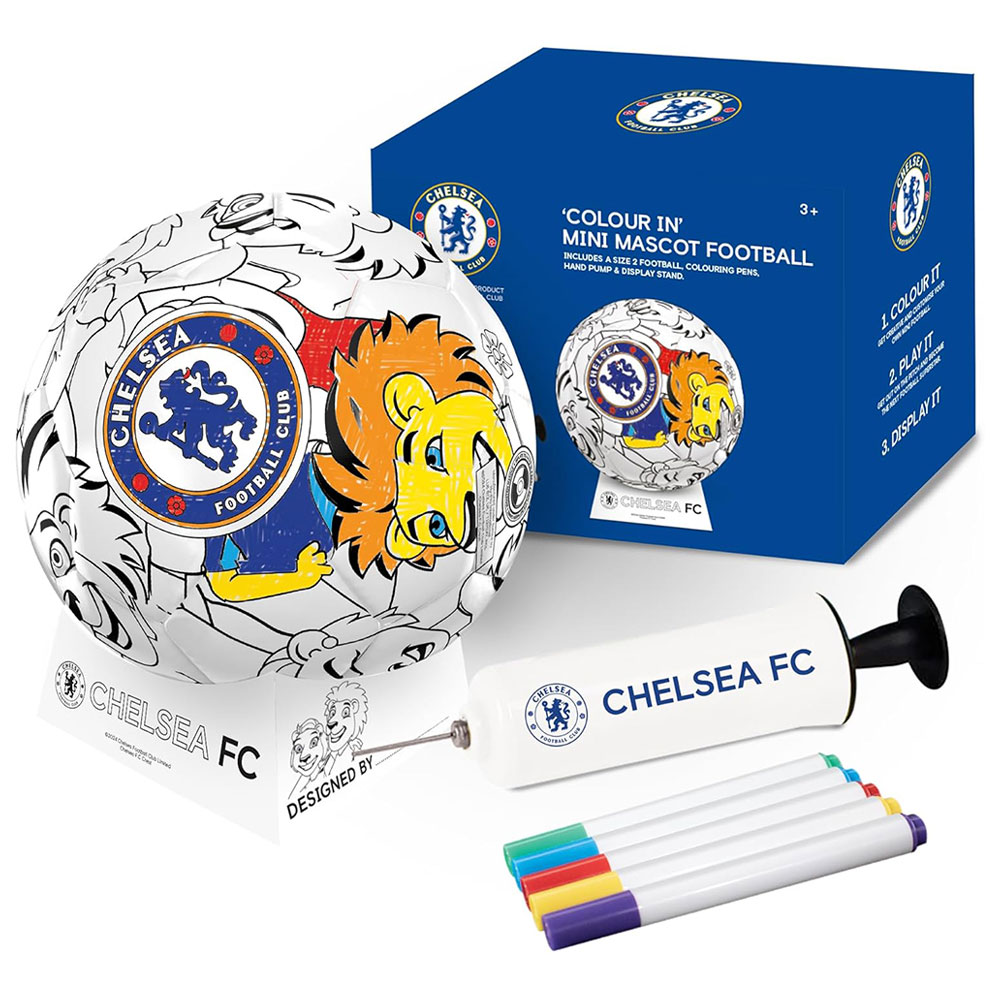 Chelsea FC colour in mini football set with crest and mascot design, pens, pump and stand