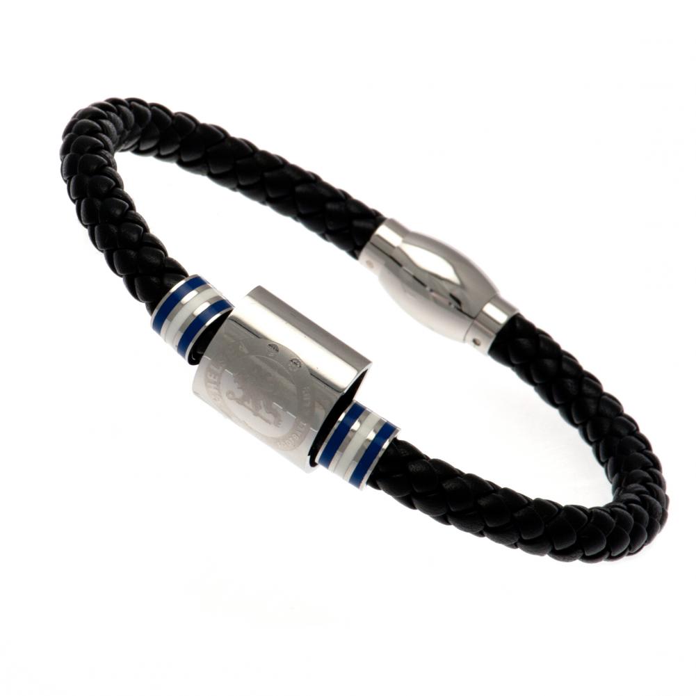 Chelsea FC black genuine leather rope bracelet with stainless steel colour rings and an engraved club crest