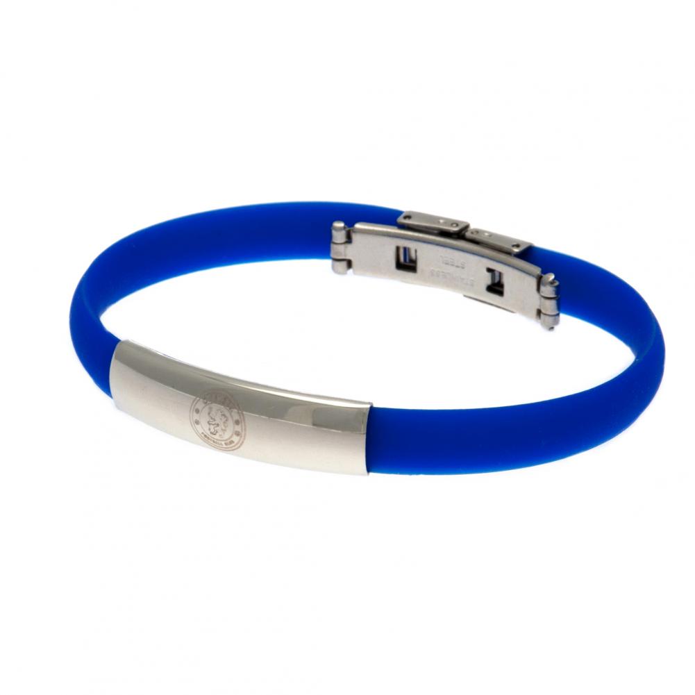 Royal blue Chelsea FC flexi silicone bracelet with an engraved club crest plate and a steel clasp