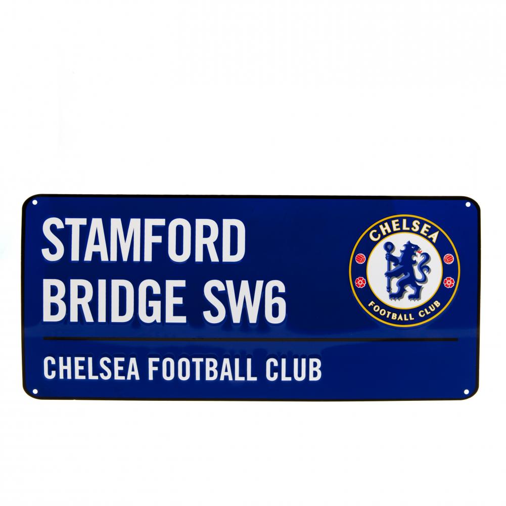 Chelsea FC gloss finish metal wall sign styled as a Stamford Bridge SW6 road sign on a blue background
