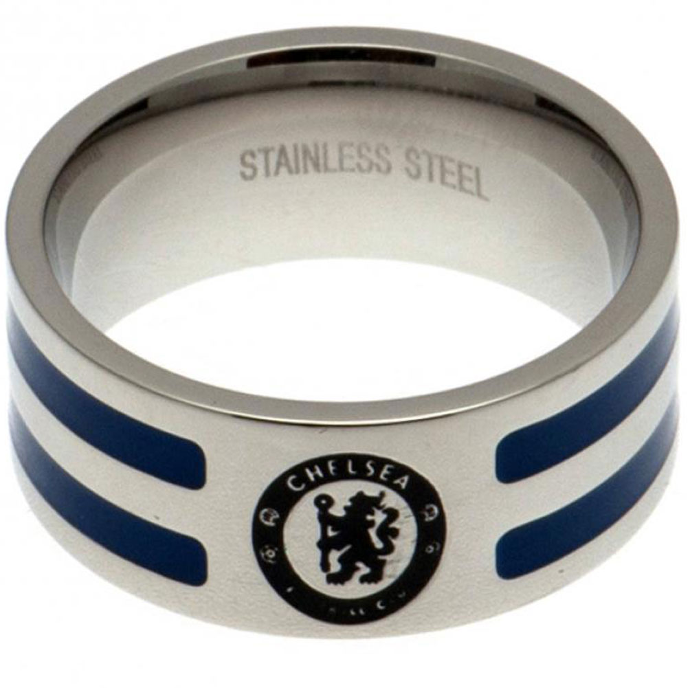 Chelsea FC stainless steel ring with blue colour inserts, a chrome finish and engraved Chelsea crest