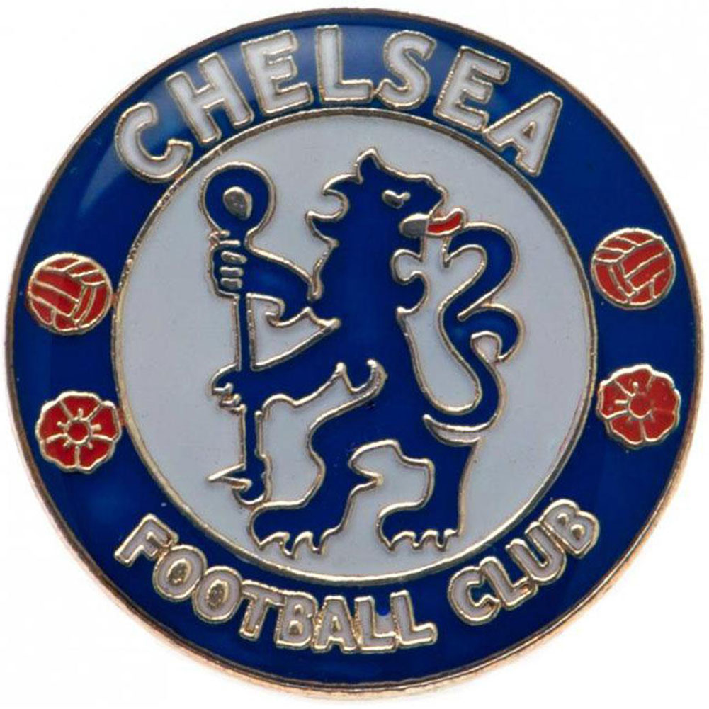 Chelsea FC crest shaped metal pin badge with full colour enamel finish and silver style frame