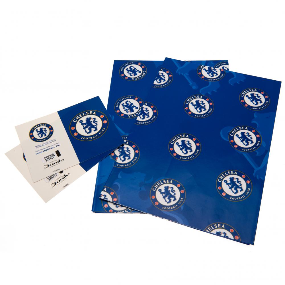 Chelsea FC gift wrap with multiple Chelsea crests on a blue background and two blue crest gift tags