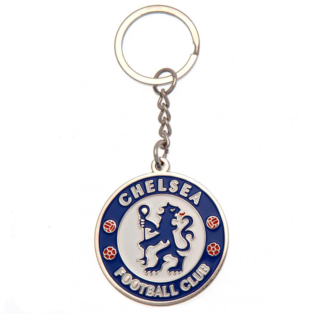 Chelsea FC crest shaped metal keyring with full colour enamel infill and a silver style finish