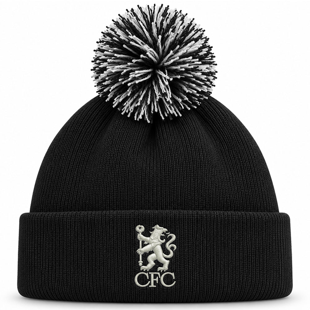 Chelsea FC black cuff knit bobble hat with a multi coloured bobble and embroidered Lion crest