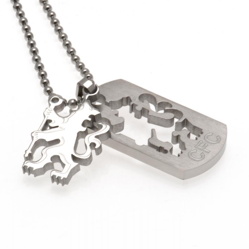 Chelsea FC brushed satin stainless steel dog tag with engraved CFC text and a chrome finish lion insert