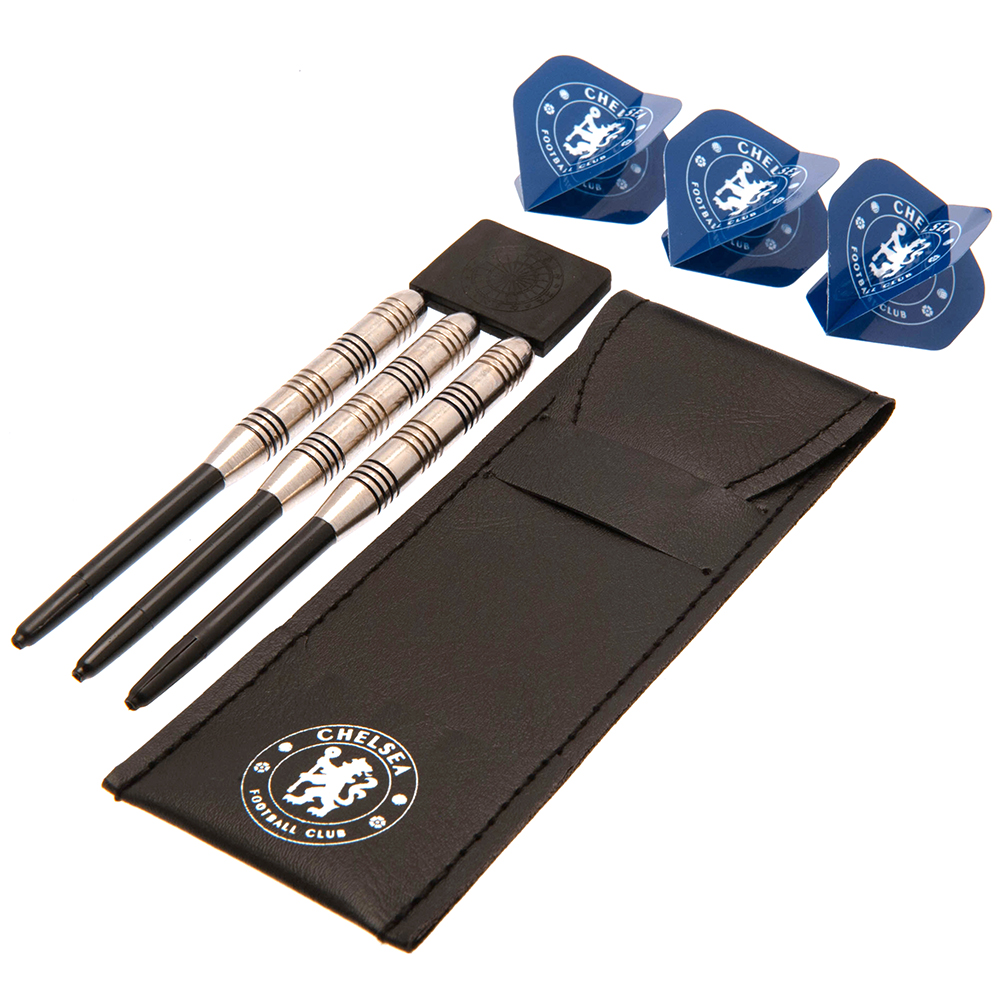 Chelsea FC essential darts set with blue-detailed barrels, blue flights with white crests and a crest case