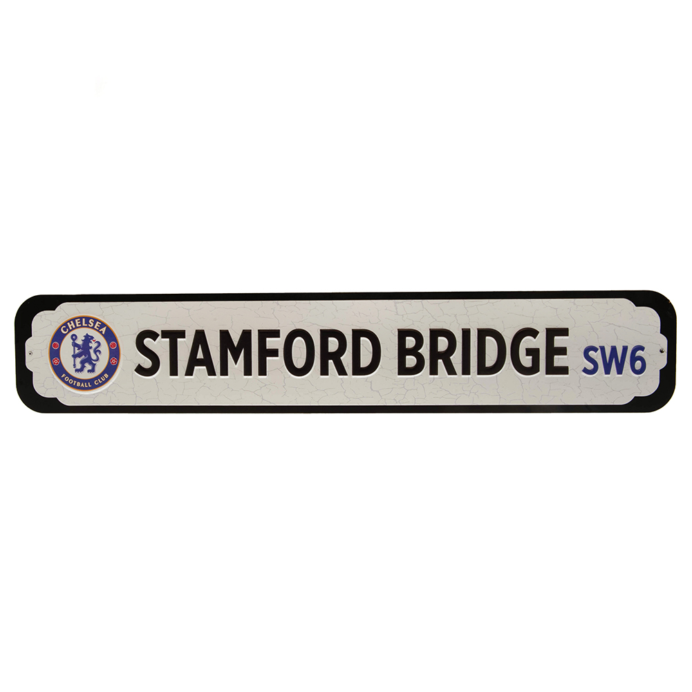 Chelsea FC deluxe metal stadium sign with embossed club logo and text on a black MDF backing