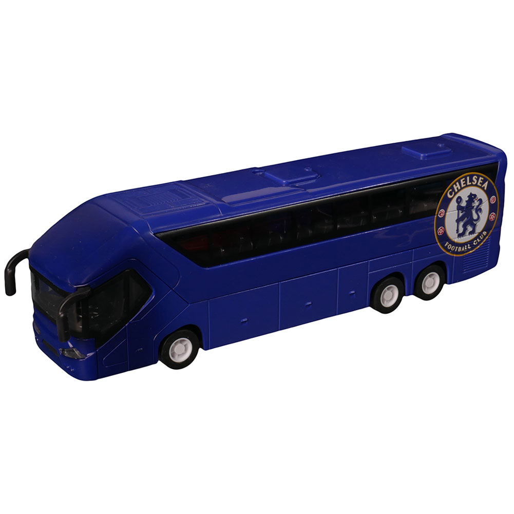 Chelsea FC die cast metal replica team bus printed with the Chelsea crest and text