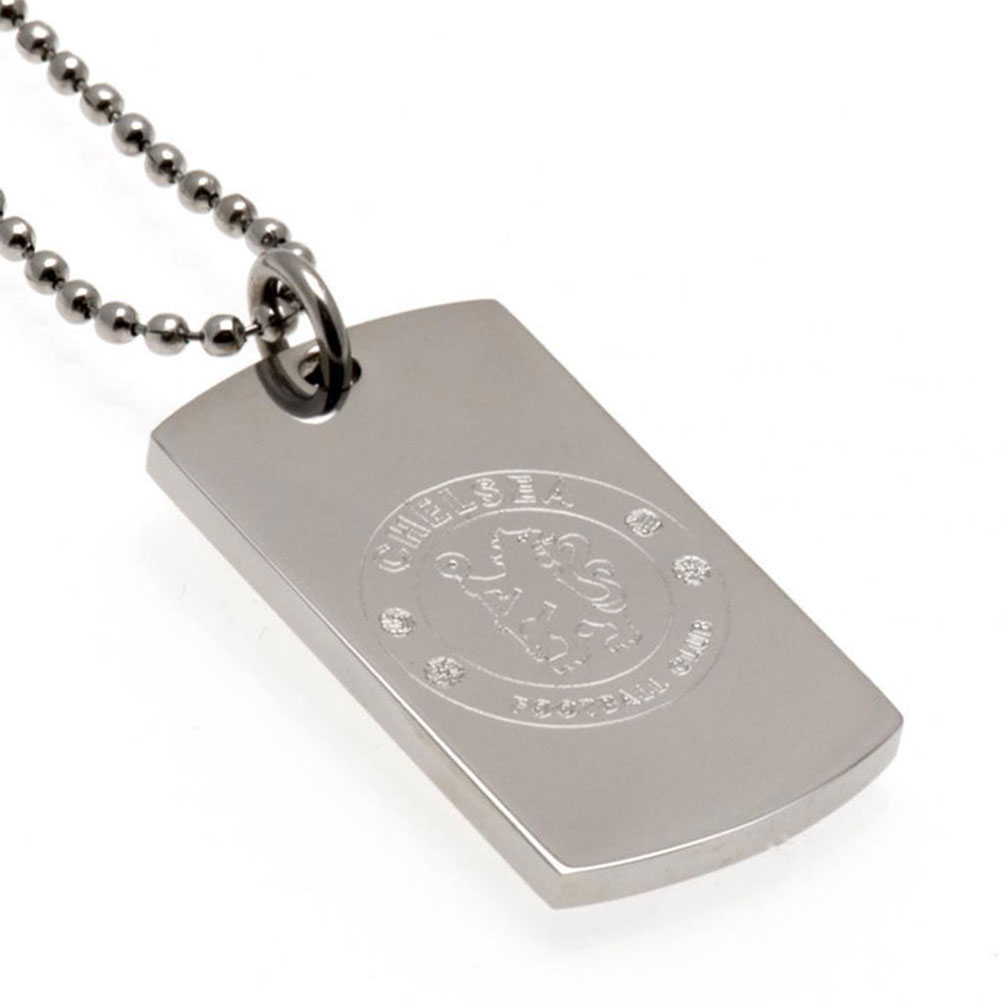 Chelsea FC chrome finish stainless steel dog tag engraved with the Chelsea crest on a ball chain