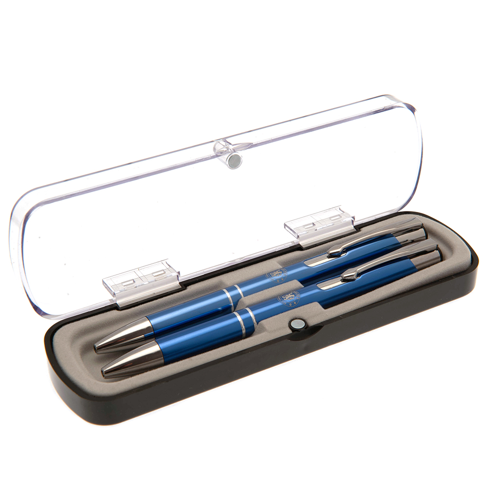 Chelsea FC blue pen and pencil gift set with a silver crest in a clear Perspex display case