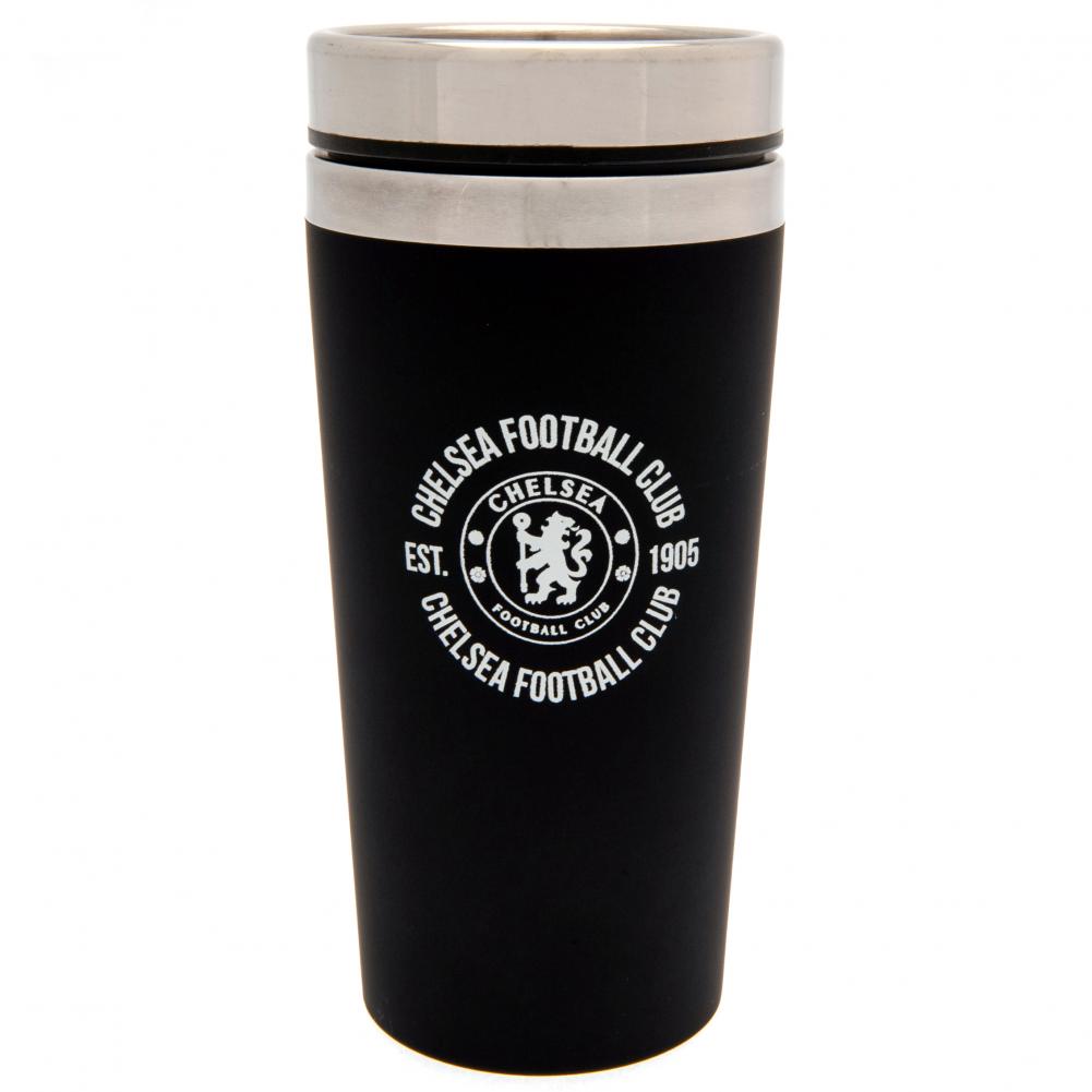 Matt black Chelsea FC stainless steel travel mug with a silver rim screw top lid