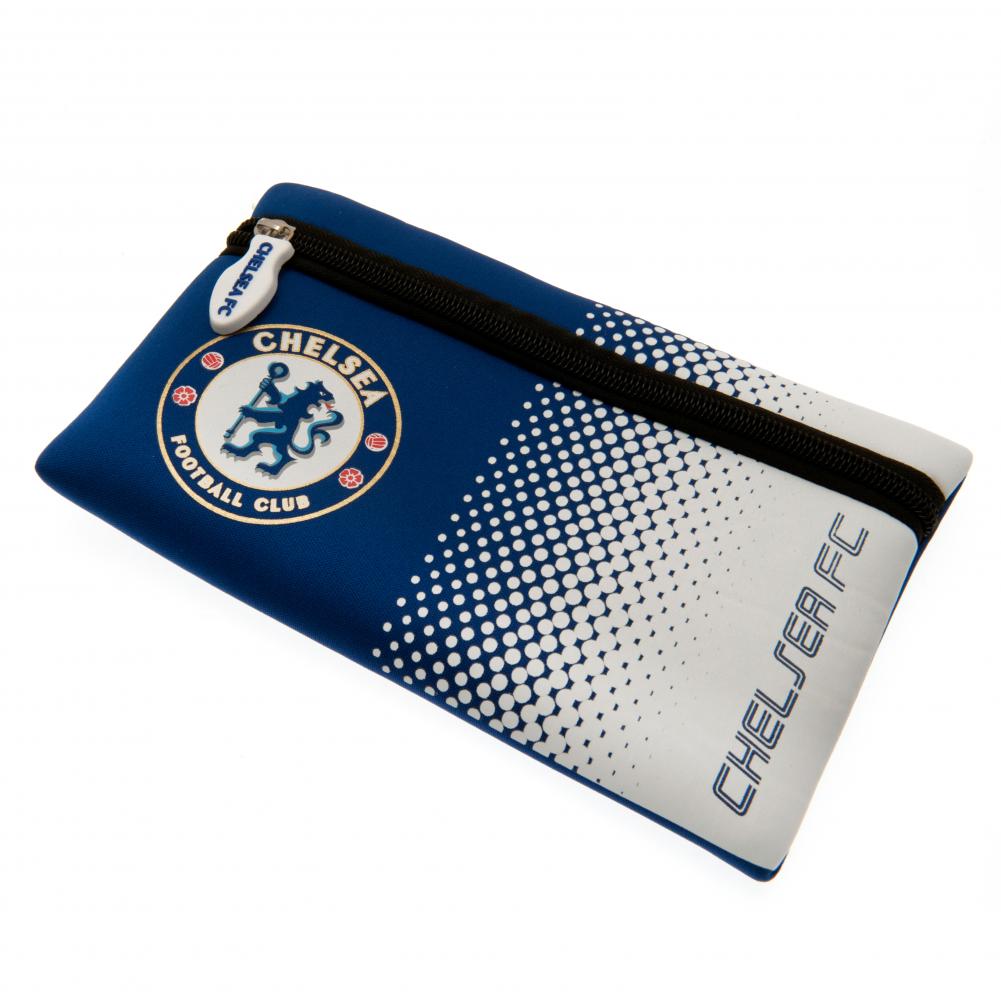 Chelsea FC neoprene zipped pencil case with a full colour Chelsea crest on a blue and white fade design